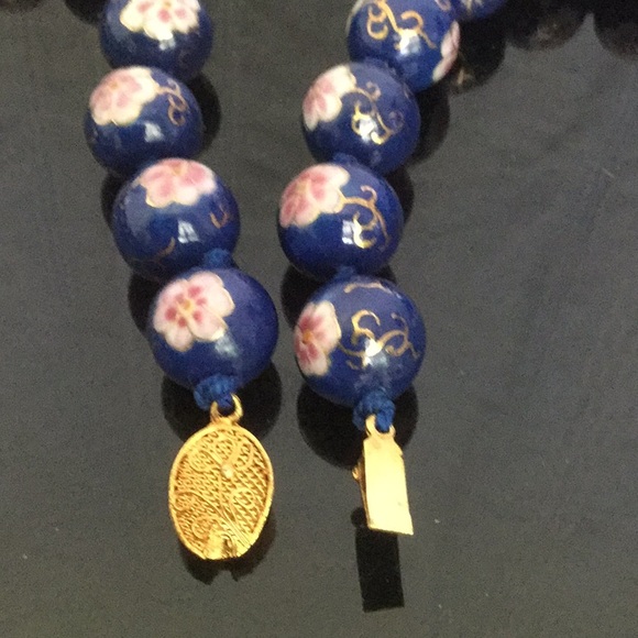 Vtg22”Round13mmBlueSolidHandPaint W/Flower&GldJap - Picture 5 of 7